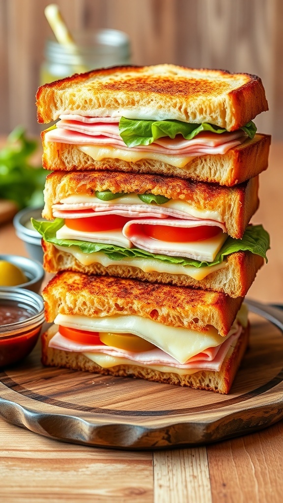 A stacked toast sandwich with cheese, ham, and vegetables on a wooden plate with pickles.